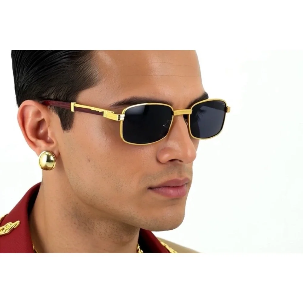Men's Gold Frame Sunglasses Square Dark Lenses Red Wood Accent Sophisticated New